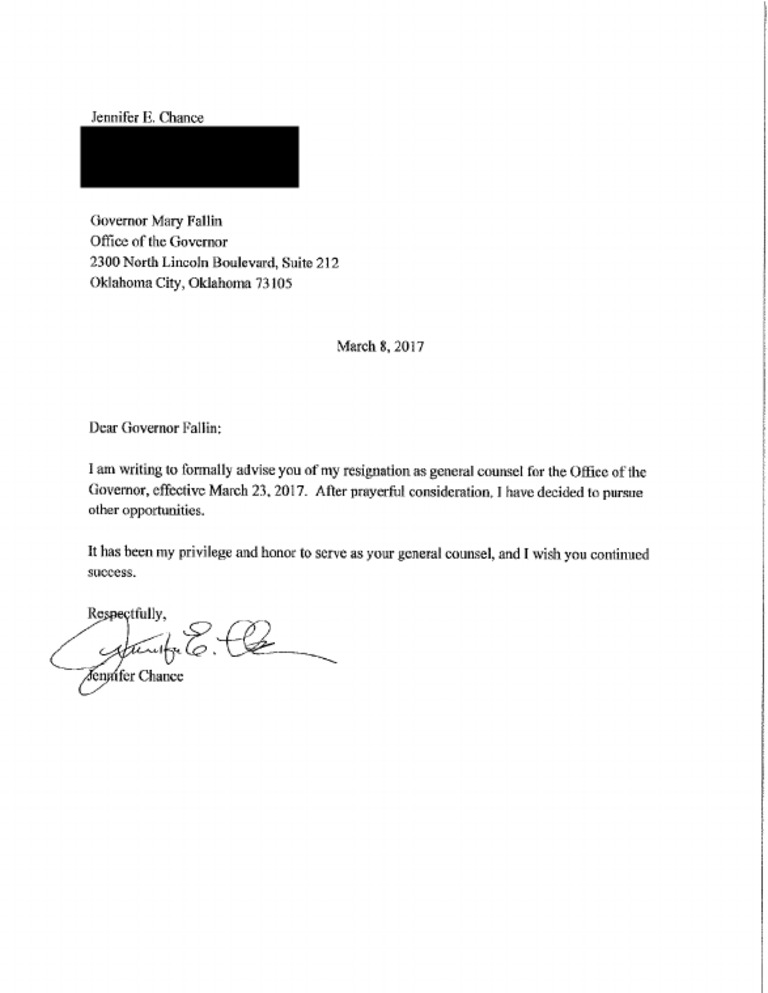 Resignation Letter of Gov. Fallin's General Counsel