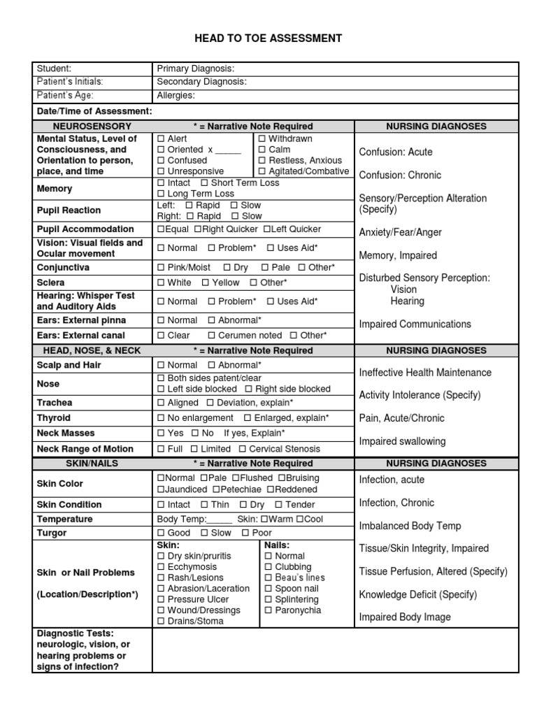 Head to Toe Assessment Checklist PDF Urine Pain