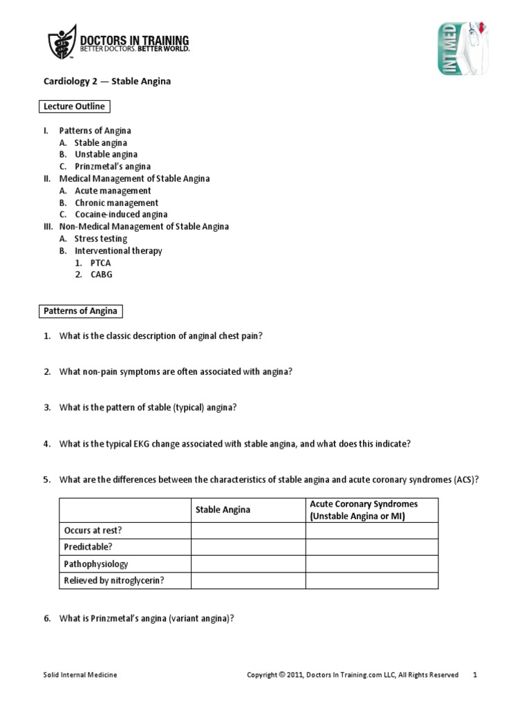 Cardiology 2 - Stable Angina: Lecture Outline | PDF | Angina Pectoris ...