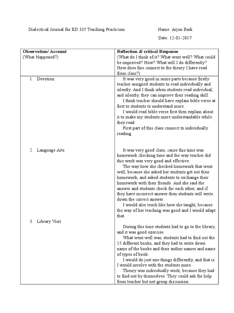 Dialectical Journal For Ed 335 Teaching Practicum Name | PDF ...