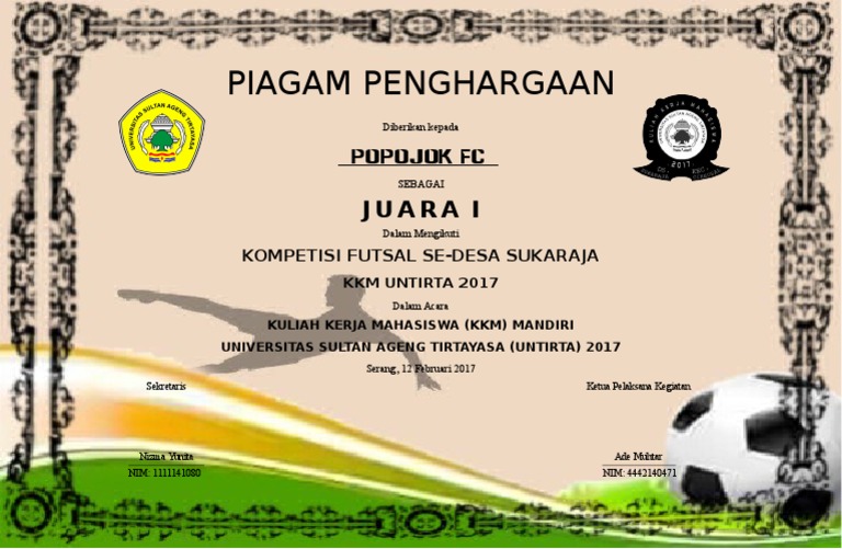 Contoh Piagam Penghargaan Juara 1