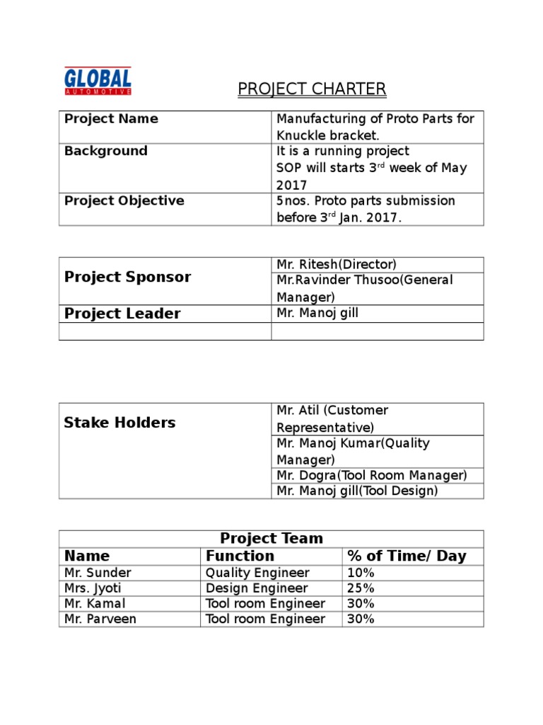Project Charter: Project Sponsor Project Leader | PDF