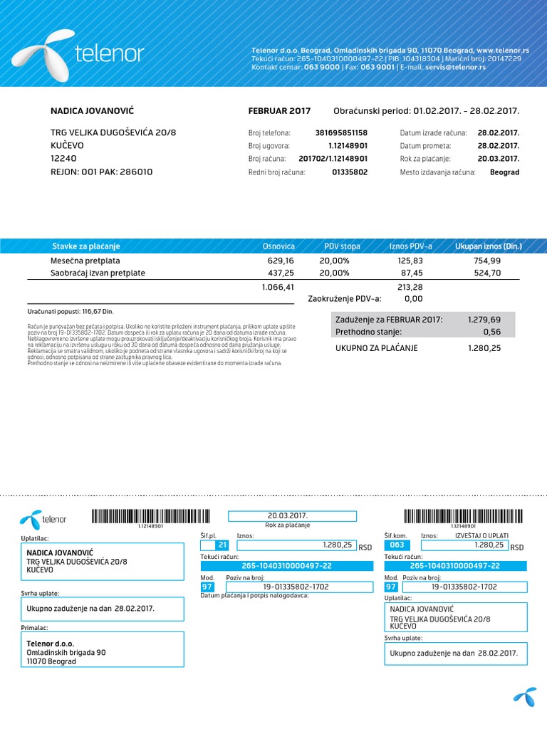 Telenor February 2017 Invoice Summary | PDF