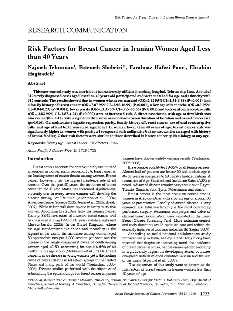Risk Factors For Breast Cancer in Iranian Women Aged Less Than 40years ...