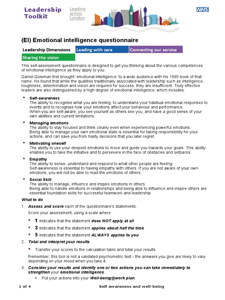 Emotional Intelligence Questionnaire Lal1 Pdf Emotional Intelligence Self Awareness