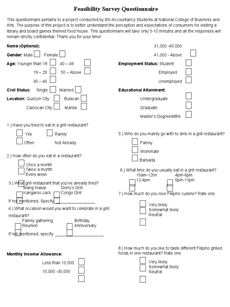 Feasibility Survey Questionnaire Restaurants Philippines
