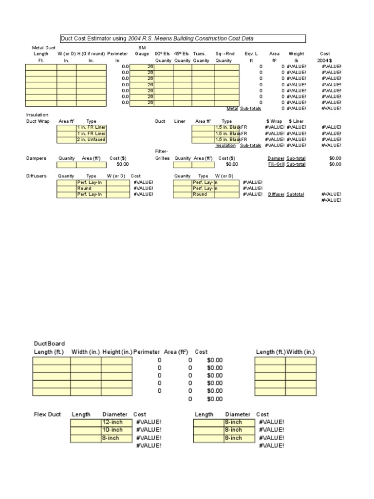 Duct Cost Estimator Using 2004 R.S. Means Building Construction Cost