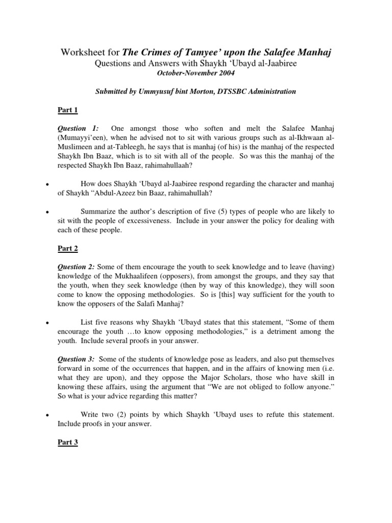 worksheet for the crimes of tamyee part 1-6 | Salafi Movement