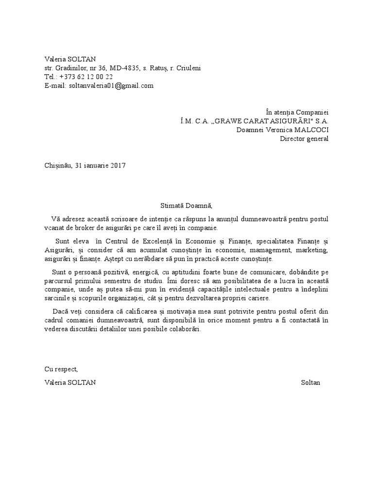 Scrisoare de Intentie