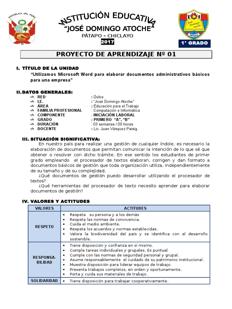 Proyecto de Aprendizaje en Word | PDF | Unidad Central de procesamiento ...