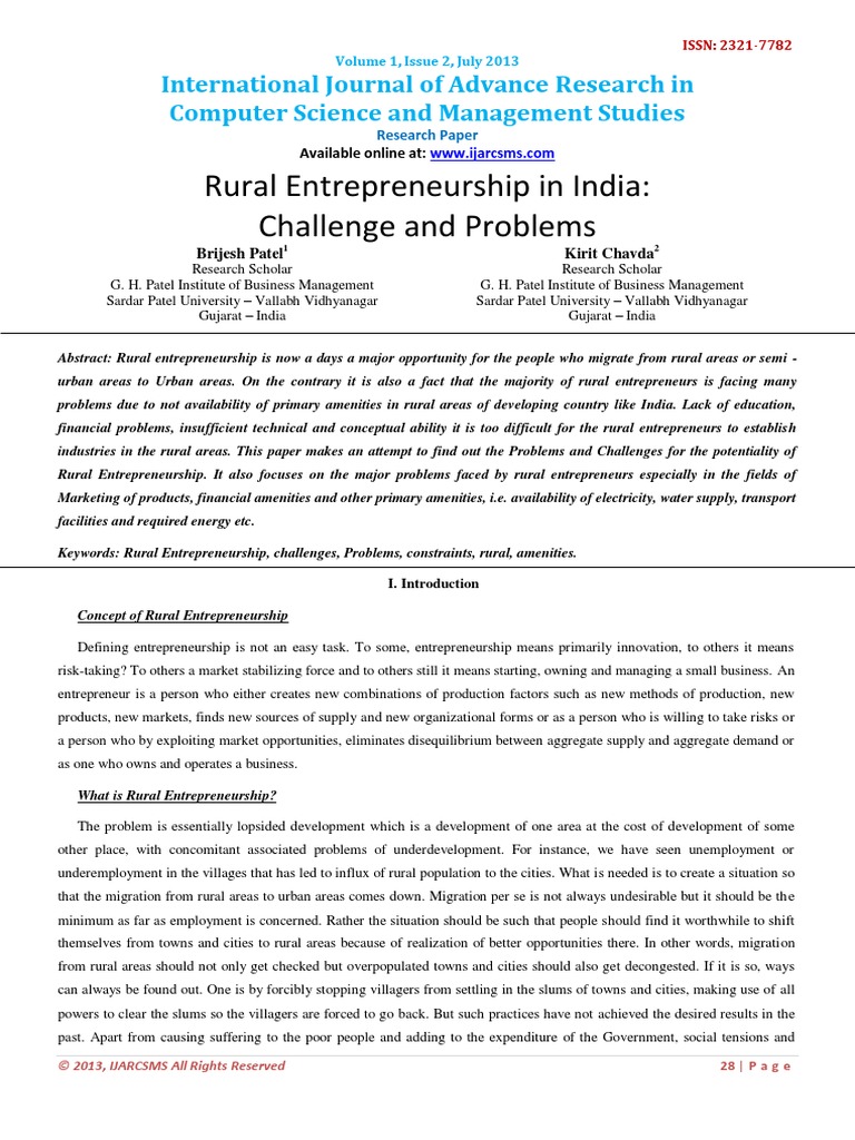 Rural Entrepreneurship in India - Challenges and Problems | PDF ...
