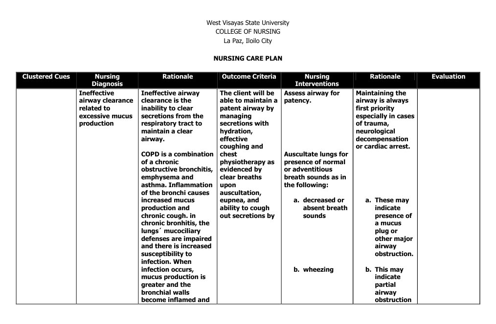 Nursing Care Plan for Ineffective Airway Clearance | PDF | Respiratory ...