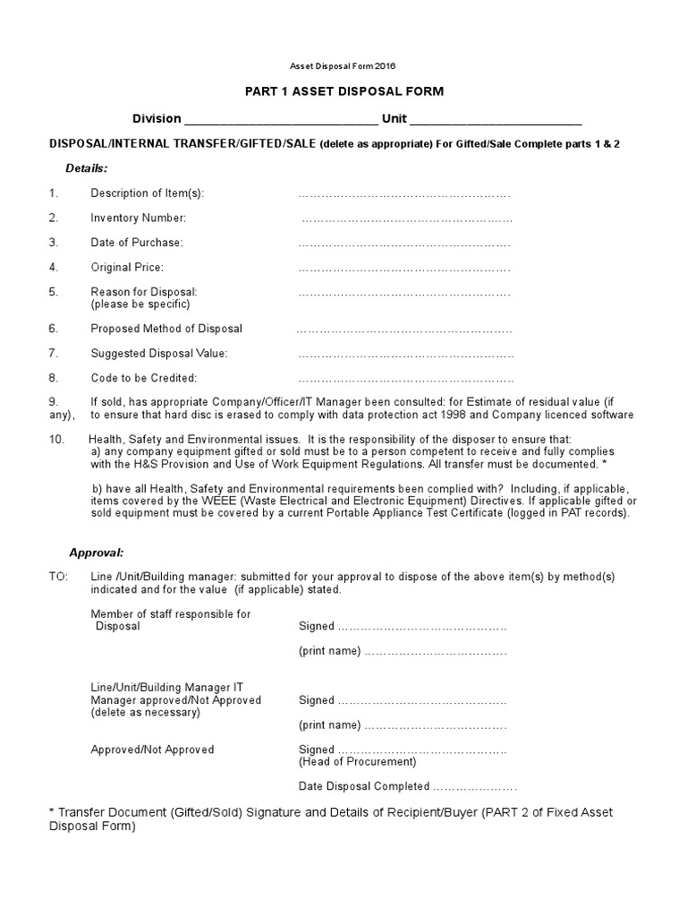 Asset Disposal Form Waste Management Business