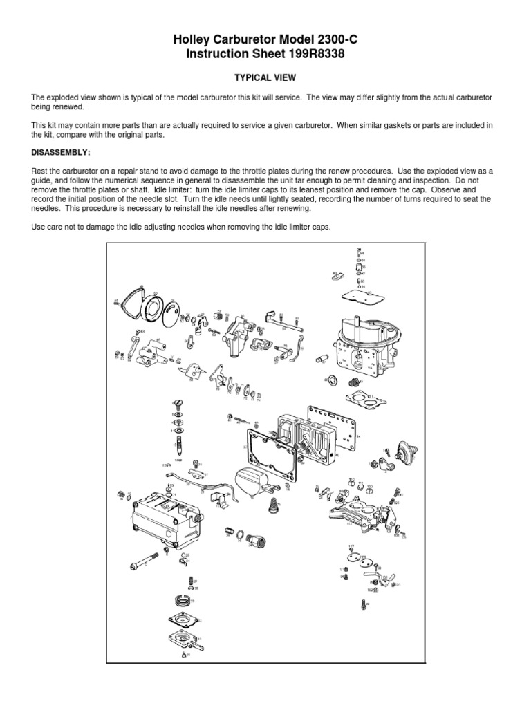Holley Carburetor Model 2300C Instruction Sheet 199R8338 Disassembly Download Free PDF