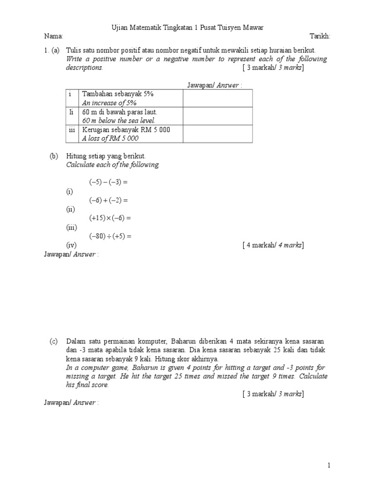 Soalan Matematik Tahun 1 Ujian Mac - Contoh Iko