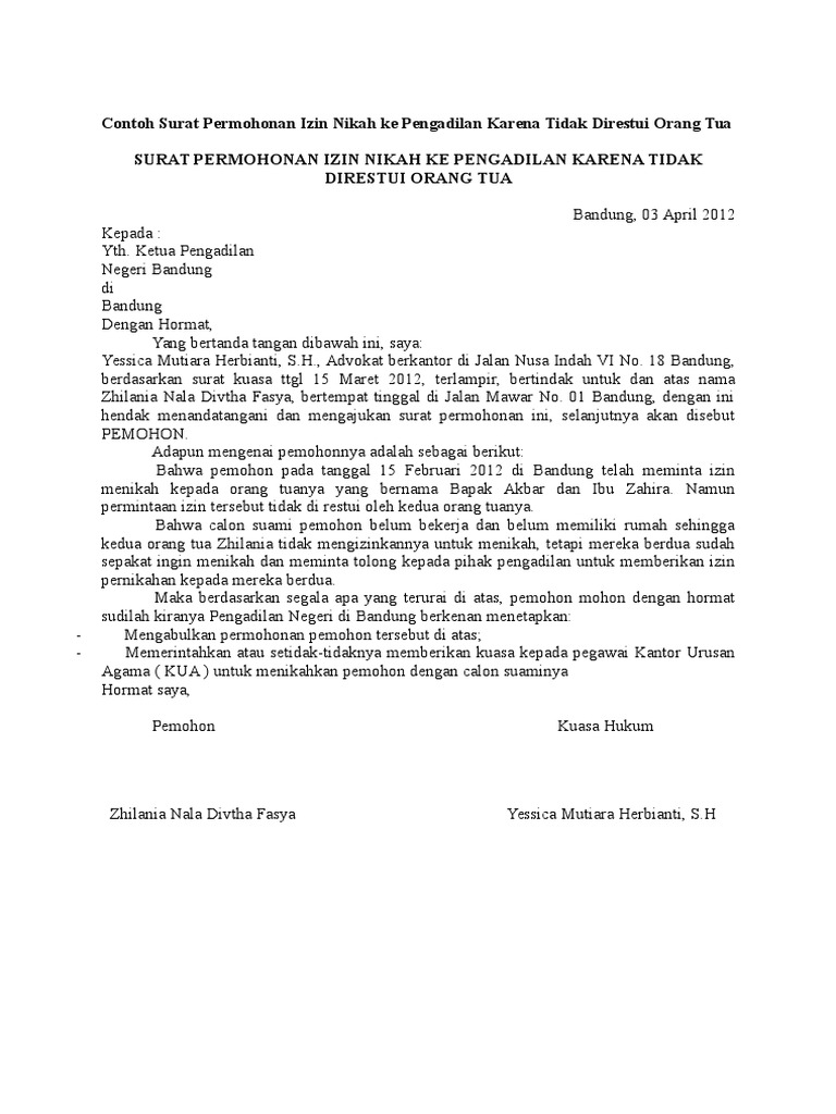 Contoh Surat Permohonan Izin Nikah Ke Pengadilan Karena Tidak Direstui