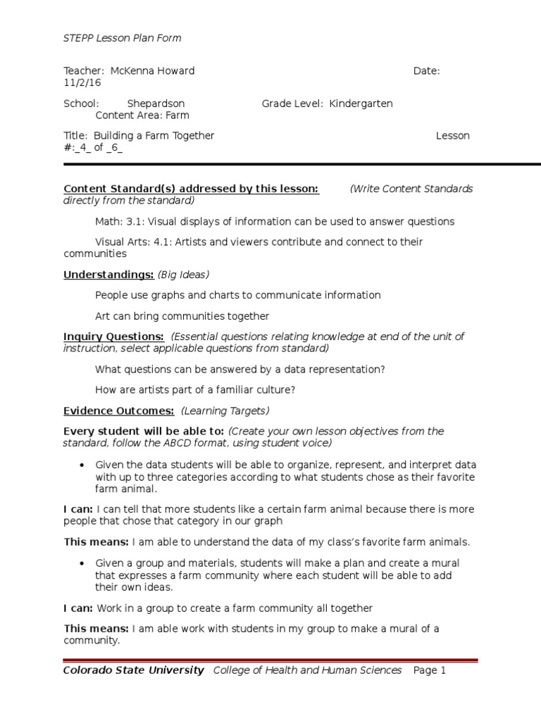 STEPP Lesson Plan Form: Colorado State University College of Health and ...