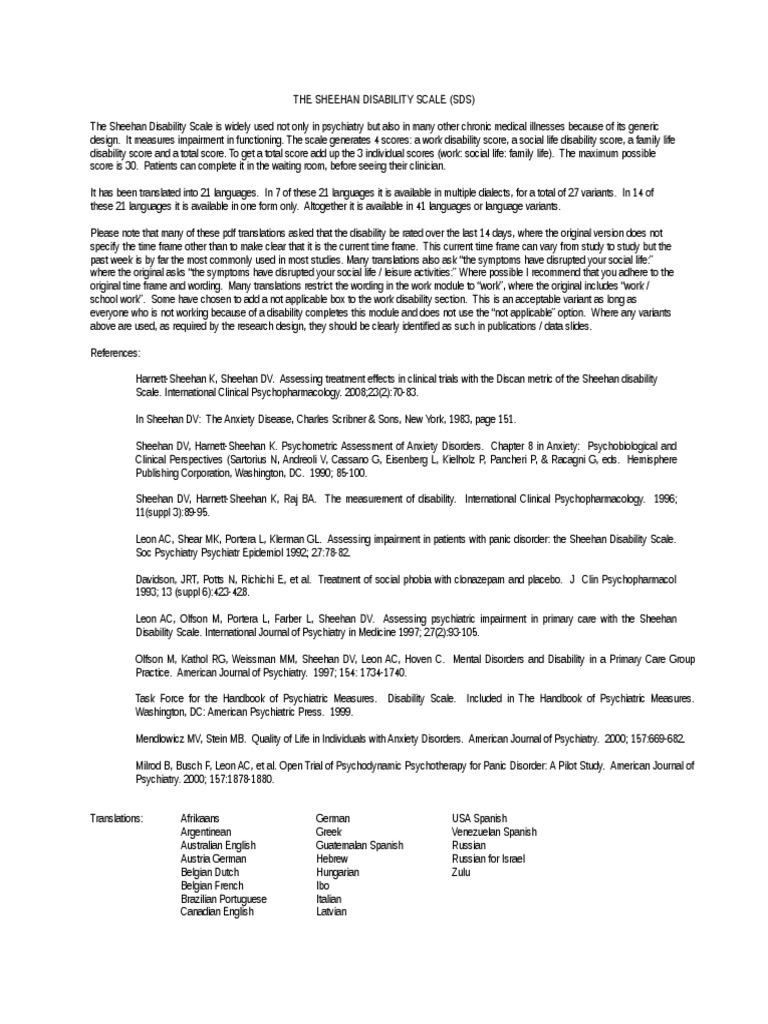 Sheehan Disability Scale Overview | PDF | Psychiatry | Social Anxiety ...