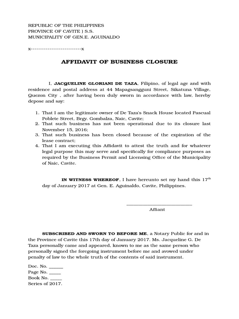 Affidavit of Business Closure Sample | PDF | Social Science | Cooking ...