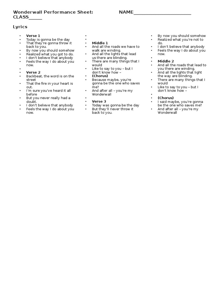 Wonderwall Lyrics and Chords Guide | PDF | Song Structure | Recorded Music