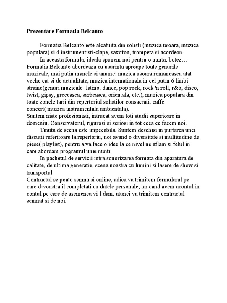 Prezentare Formatia Belcanto | PDF