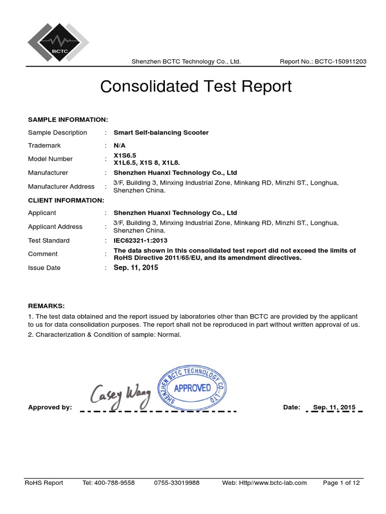 RoHS Compliance Report for Scooters | PDF