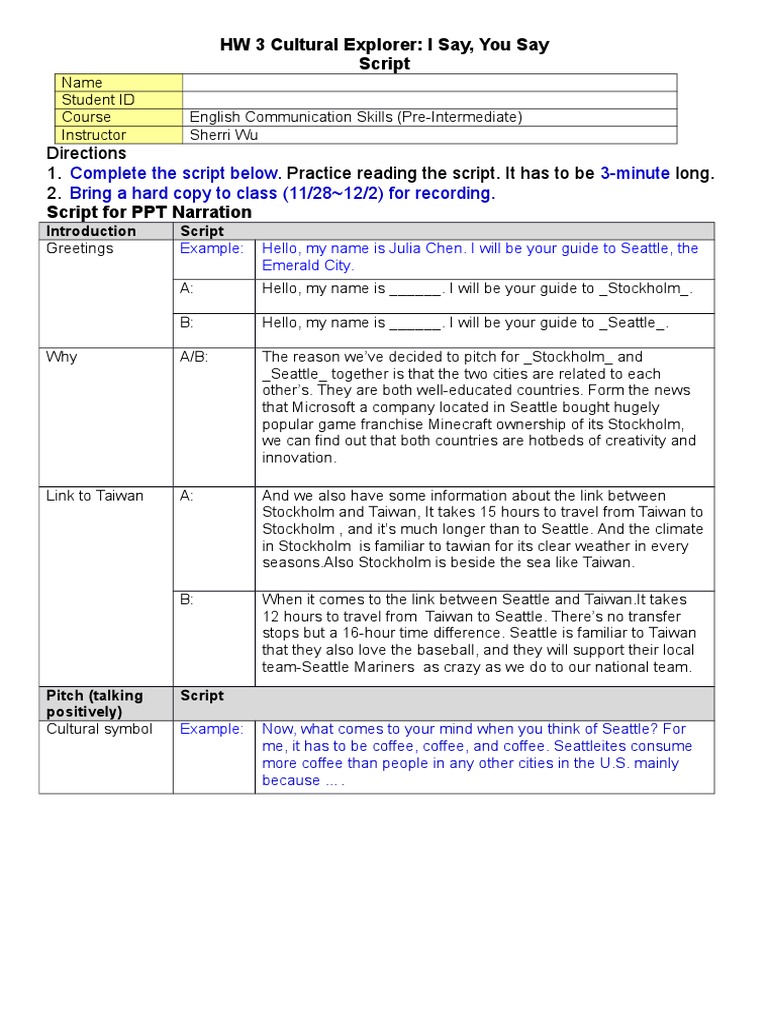 Complete The Script Below. 3-Minute Bring A Hard Copy To Class (11/28 ...