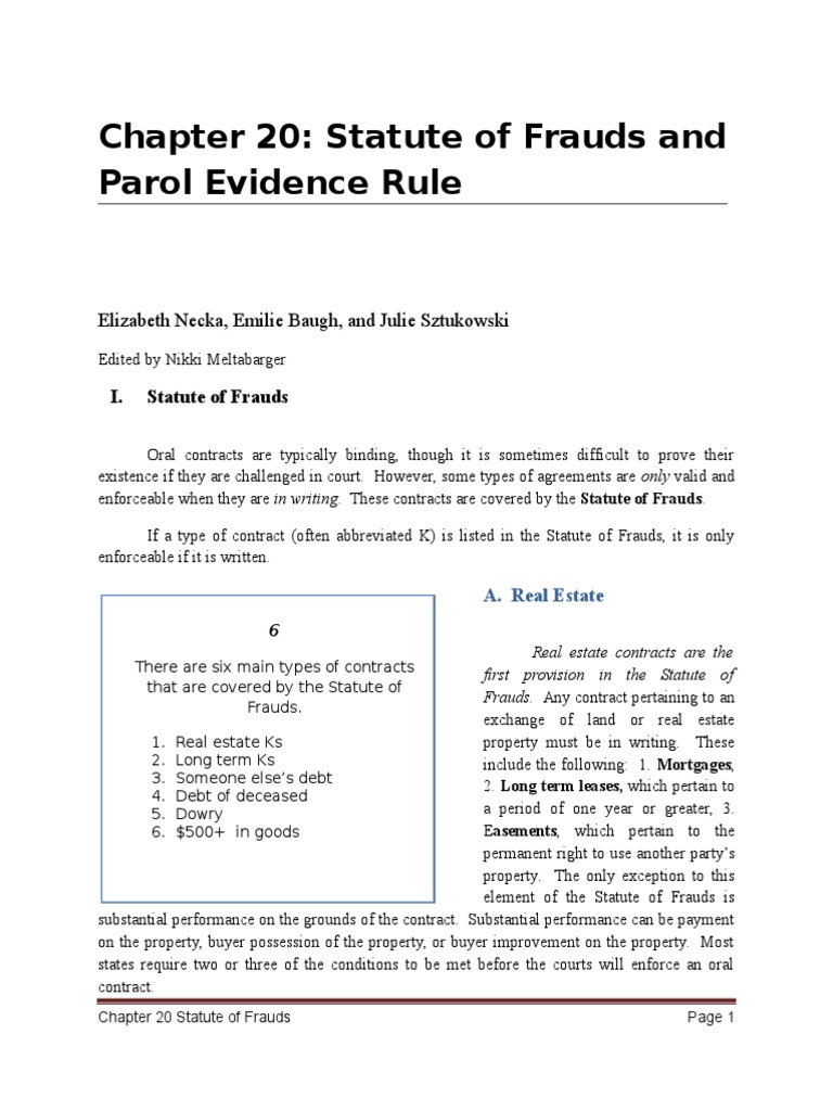 Chapter 20 Statute of Frauds and Parol Evidence Rule Elizabeth Necka