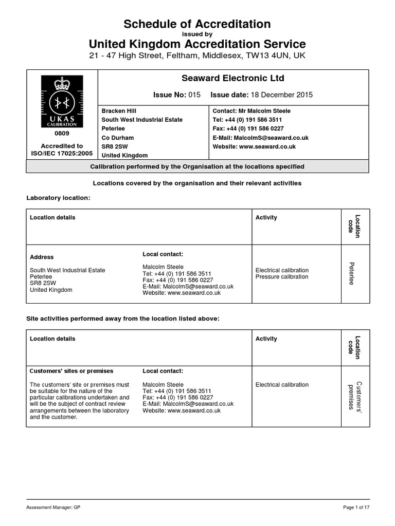 0809 UKAS Calibration Schedule Calibration Parts Per Notation
