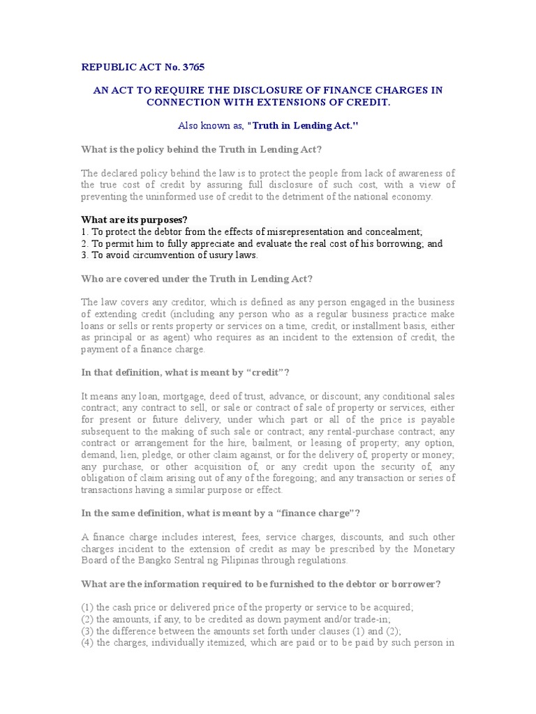 Truth in Lending Act Overview | PDF | Credit (Finance) | Truth In ...