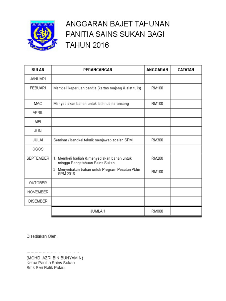 Anggaran Bajet Tahunan Panitia Sains Sukan Bagi Tahun 2016 Terkini Pdf