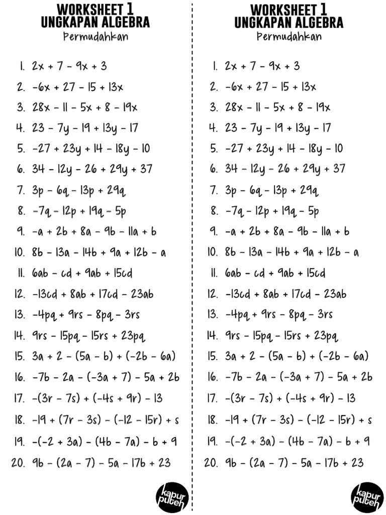 Worksheet Ungkapan Algebra 1 Pdf