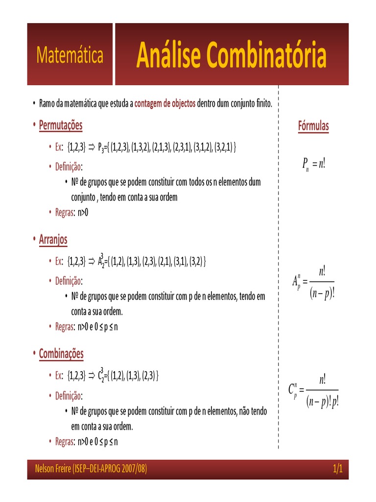 Fórmulas de Análise Combinatória | PDF | Métodos e Materiais de Ensino