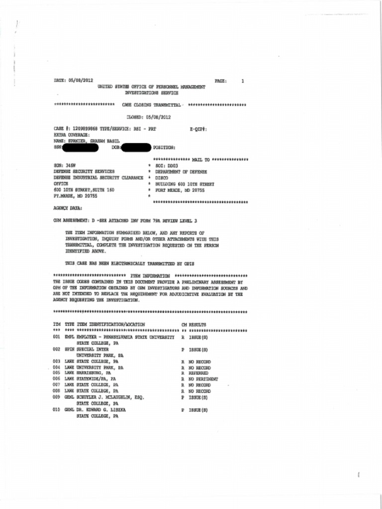 Spanier High Level Clearance FBI Report - Redacted | PDF