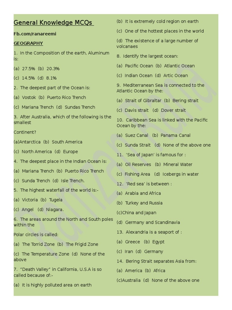 General Knowledge MCQs | PDF | Indian Ocean | Rock (Geology)