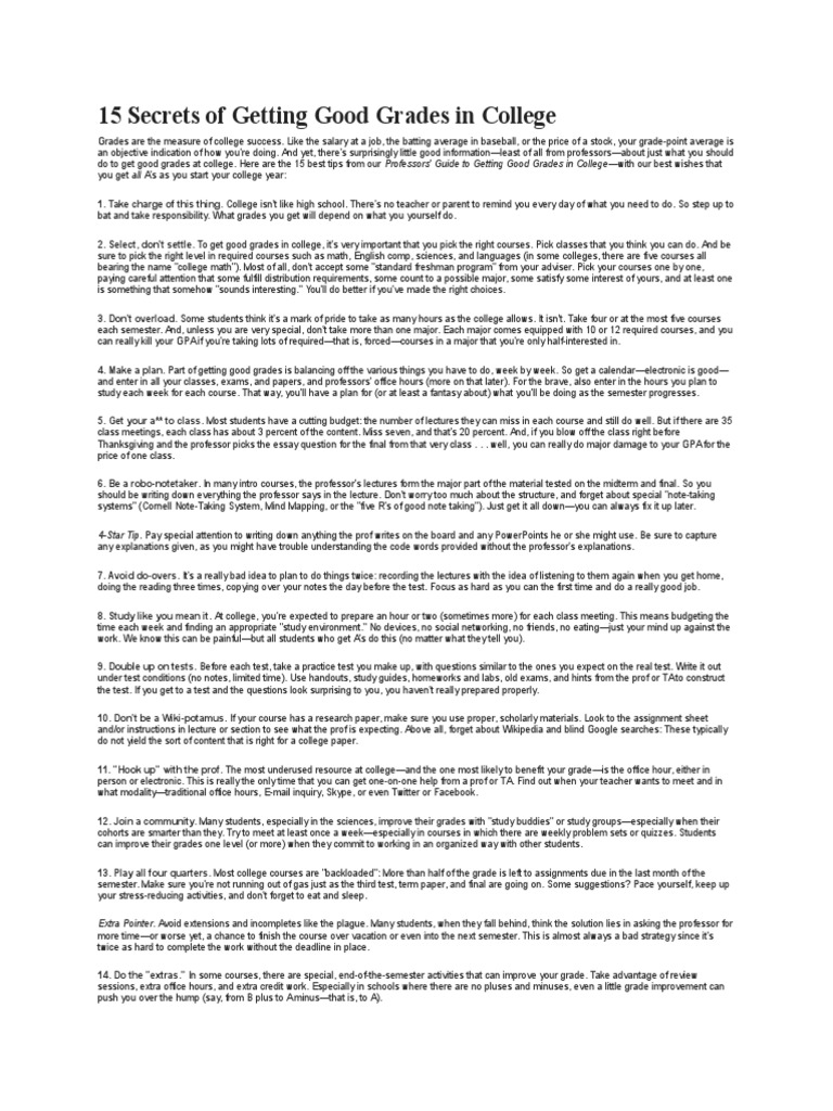 15 Secrets of Getting Good Grades in College PDF Cognition Schools