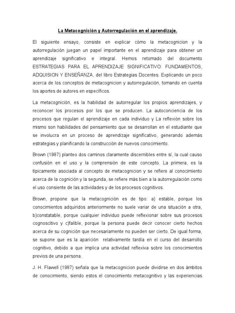 Metacognición y Autorregulación en Aprendizaje | PDF | Teoria de la ...