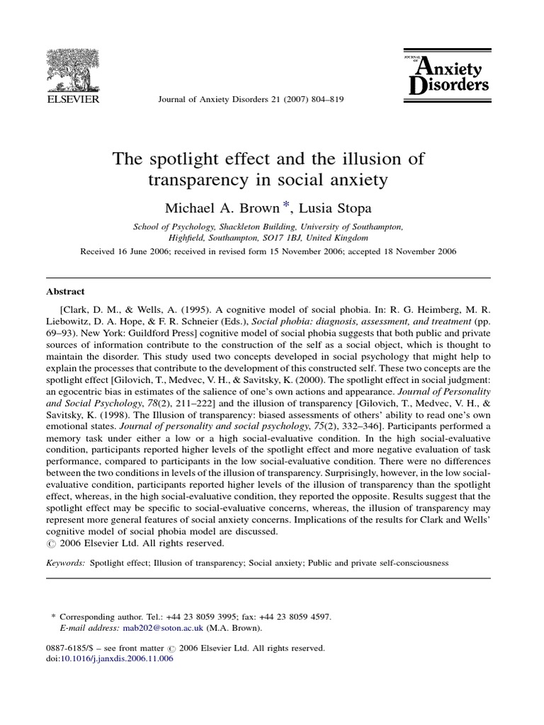 The Spotlight Effect and The Illusion of Transparency in Social Anxiety