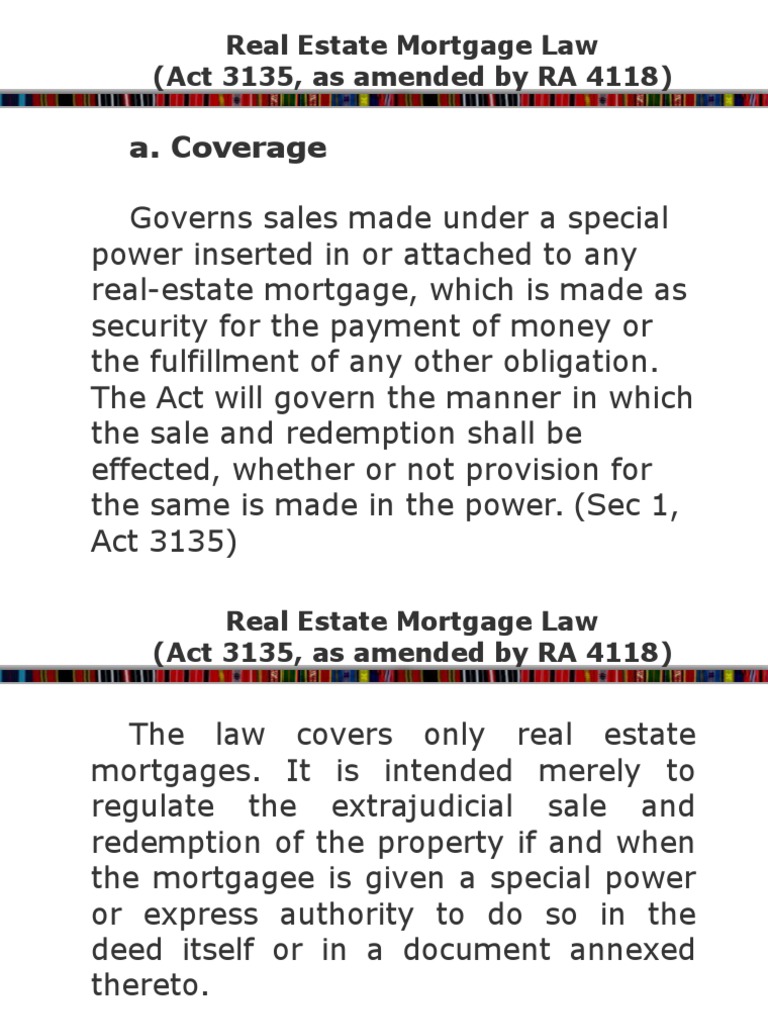 Real Estate Mortgage Law Overview | PDF | Mortgage Law | Foreclosure