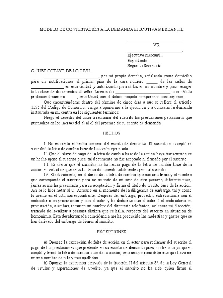 Contestación de demanda ejecutiva letra de cambio