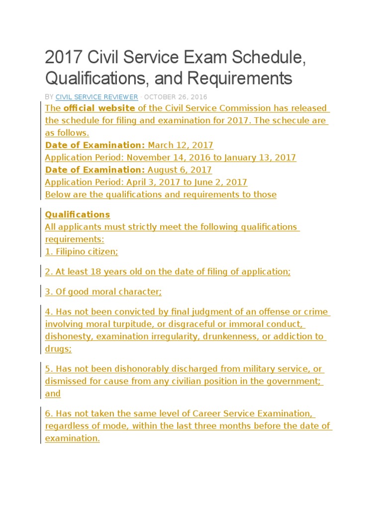 2017 Civil Service Exam Schedule Identity Document Government