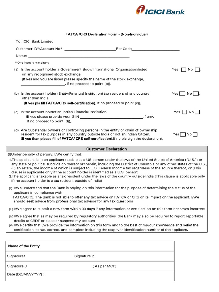 ICICI Bank FATCA/CRS Declaration Form | PDF | Payments | Taxes