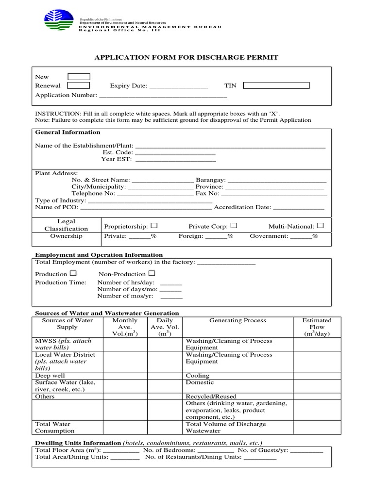 Discharge Permit Application Form sample filled up Water Management