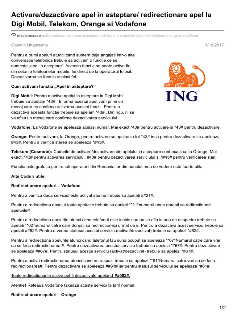 Activaredezactivare Apel In Asteptare Redirectionare Apel La Digi Mobil Telekom Orange Si Vodafone