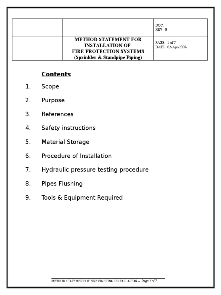 Method Statement for Sprinkler & Stand Pipe Fire Sprinkler System