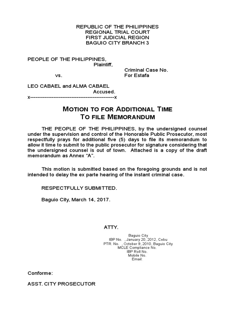 Cabael Motion For Additional Time To File Memorandum Upload | PDF ...