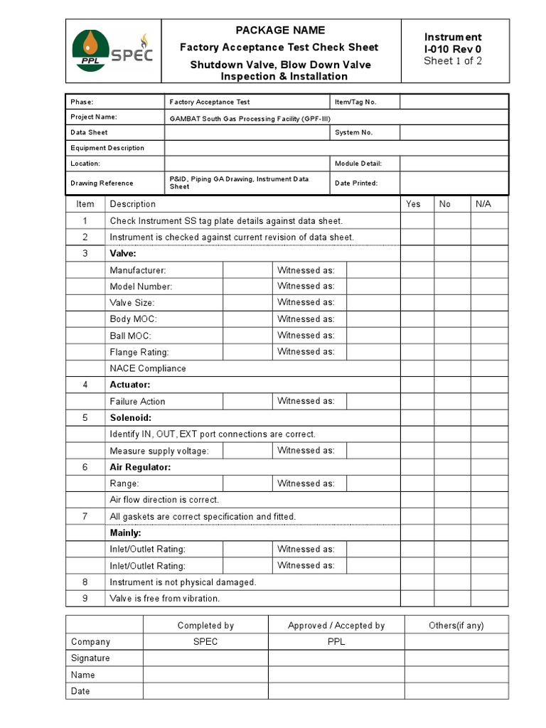 Sdv,Bdv,Esdv Checklist Valve Pipe (Fluid Conveyance)