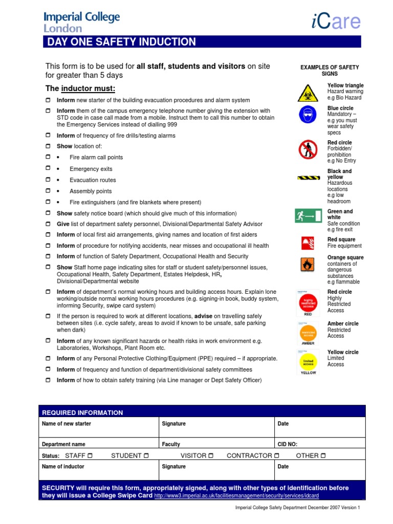 Safety Induction Form | Personal Protective Equipment | Safety