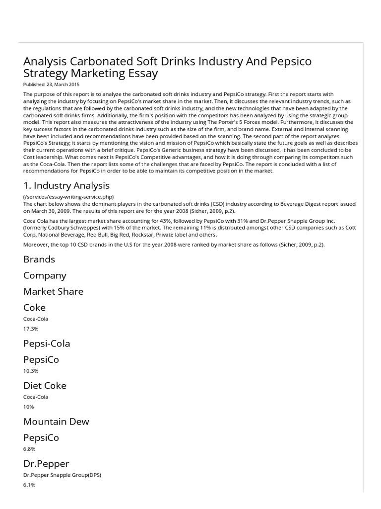 Analysis Carbonated Soft Drinks Industry and Pepsico Strategy Marketing ...