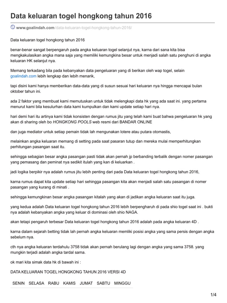 Data Keluaran Togel Hongkong Tahun 2016 Pdf